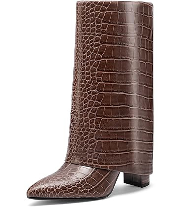 Vaslemuse Women's Mid-Calf Boots Fold Over Chunky Heel Pointed Toe Slouch Riding Boots | Amazon (US)