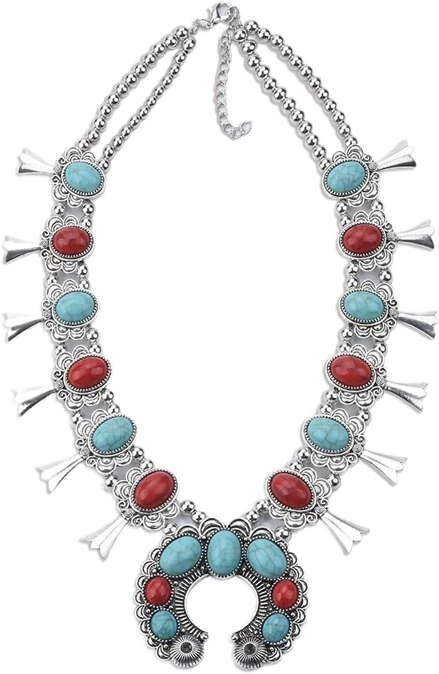 Vintage Tribal Squash Blossom Necklace, Large Silver Tone Resin Stone Pendant with Coral & Turquoise for Women | Amazon (US)