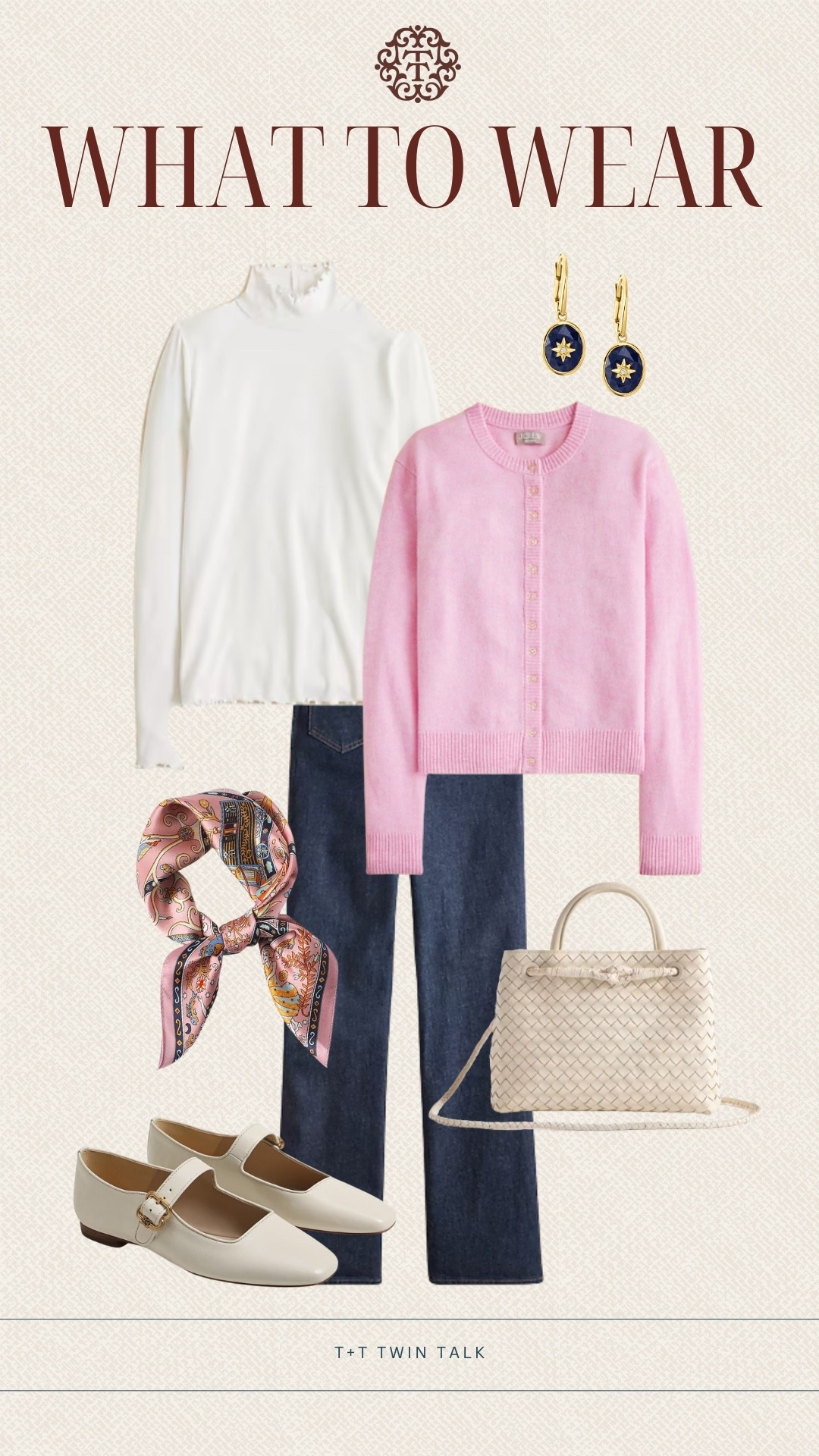 T+T, what to wear to brunch. We love this pink cardigan layered over a ruffled turtleneck and paired with dark wash denim. To accessorize we would wrap the pattern scarf around our neck, add the Ross Simons earrings, and wear our Mary Jane flats. To complete the look grab your woven purse and head out the door in style! 

#LTKSeasonal #LTKOver40 #LTKMidsize