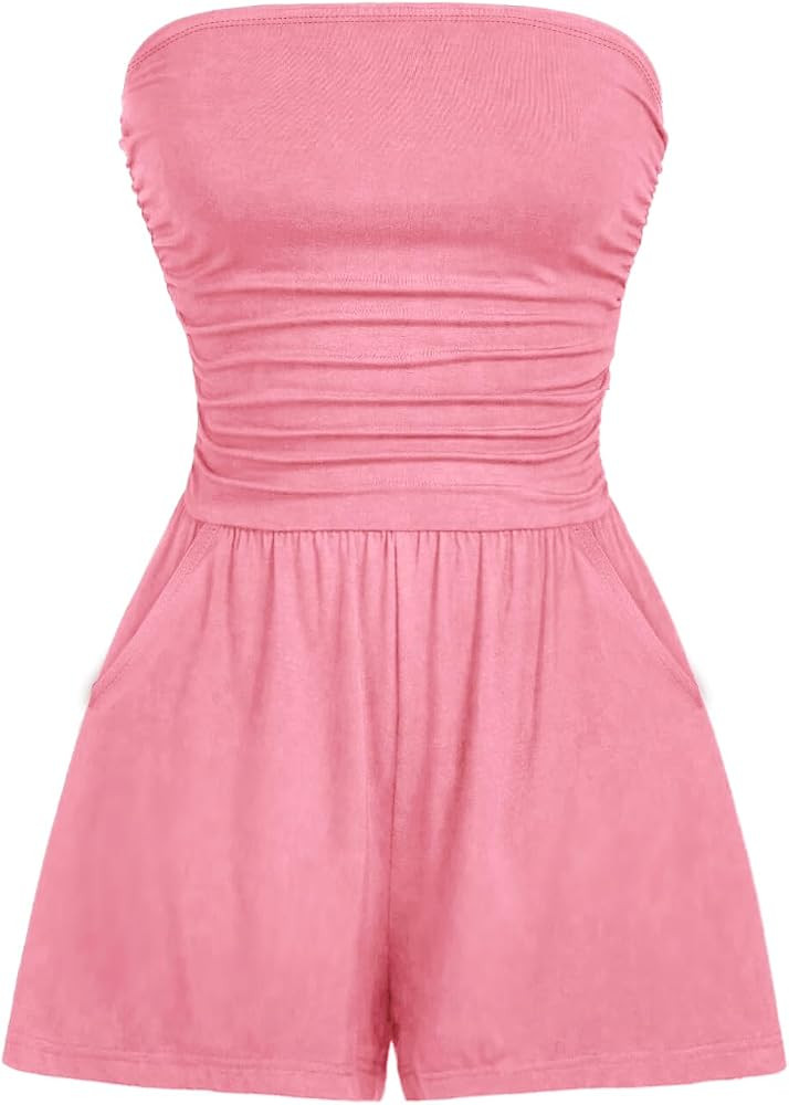 AUXDIO Women Summer Casual Strapless Romper Sleeveless Off Shoulder Short Jumpsuits 2025 Beach Va... | Amazon (US)