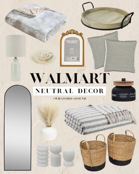 Neutral decor from Walmart under $70! Affordable home decor, Walmart home decor, neutral home decor, throw blanket, faux fur blanket, throw pillows, storage baskets, woven baskets, straw baskets, arched mirror, gold frame, ceramic table lamp, pampas brass, candle set, wooden tray, coffee table tray, table lamp, candle, gilded gold frame, black arch mirror

#LTKhome #LTKsalealert #LTKfindsunder100