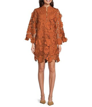 Seraphina Floral 3D Lace Split Round Button Up Neck Long Sleeve Shift Dress | Dillard's