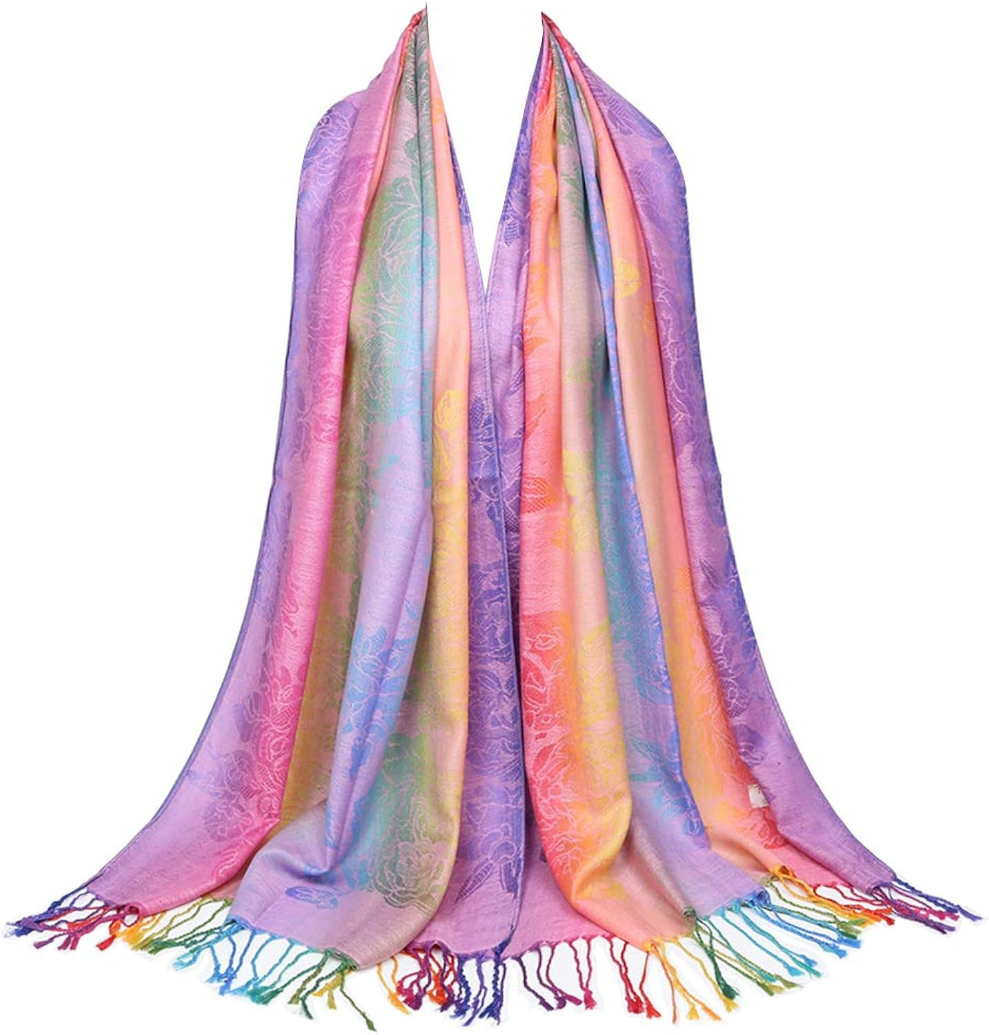 Colorful flowers Jacquard cotton pashmina Women Wrap Shawl tassels Scarves | Amazon (US)