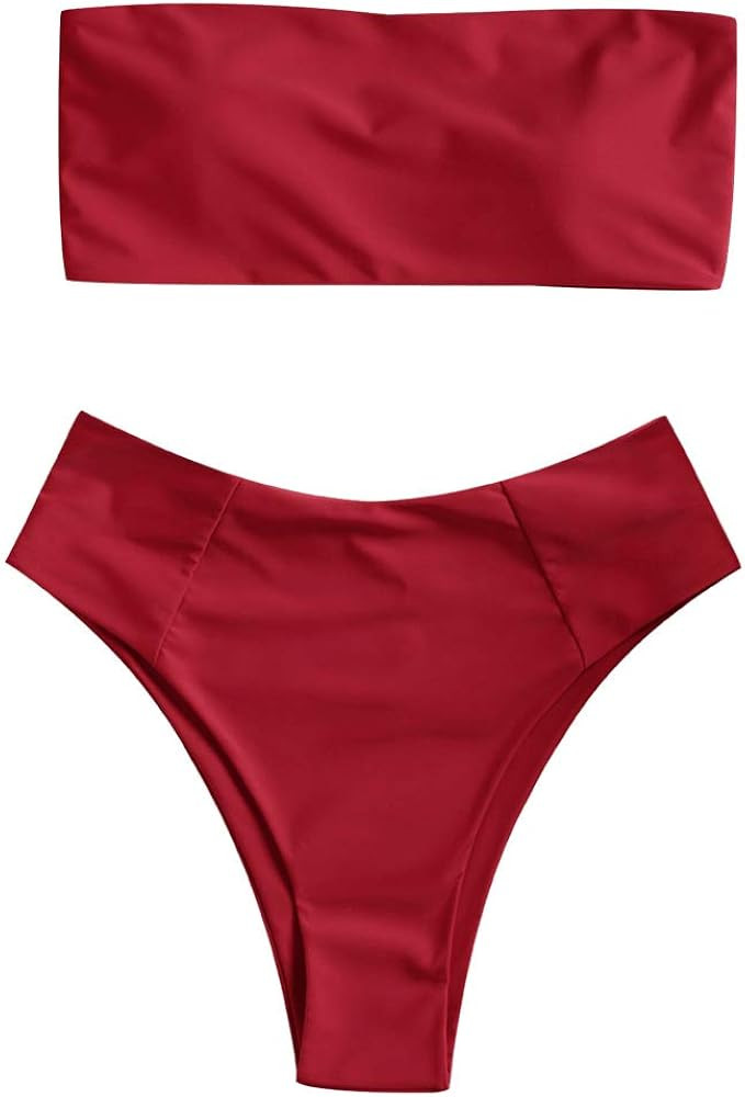 ZAFUL Women's High Cut Bandeau Bikini Set Strapless Solid Color 2 Pieces Bathing Suit Swimsuit | Amazon (US)