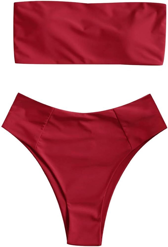 ZAFUL Women's High Cut Bandeau Bikini Set Strapless Solid Color 2 Pieces Bathing Suit Swimsuit | Amazon (US)