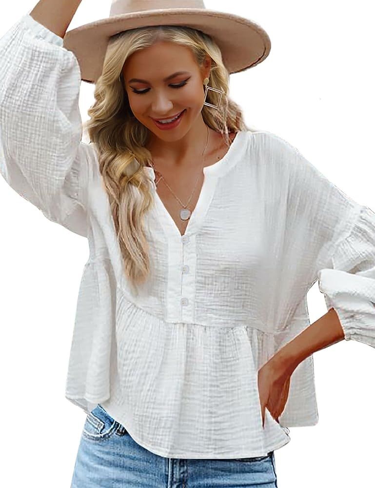 KOJOOIN Women Peplum Tops Puff Sleeve Cotton Babydoll Swing Henley Shirts Button Up Loose Ruffle Hem | Amazon (US)