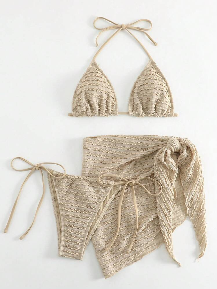 Swim Basics Summer Beach Halter Triangle Bikini Set With Beach Skirt | SHEIN