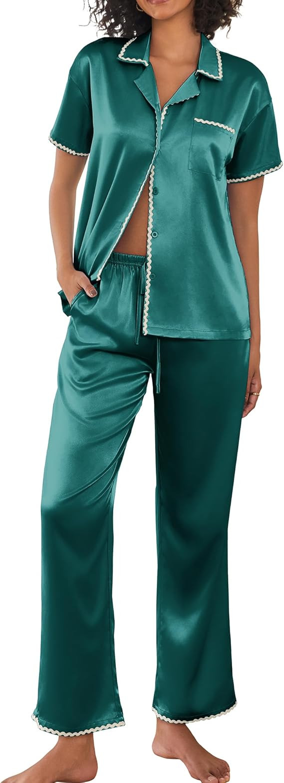 Ekouaer Silk Pajamas for Women Set Satin Two Piece Pjs Sets Ric Rac Trim Contrast Loungewear | Amazon (US)