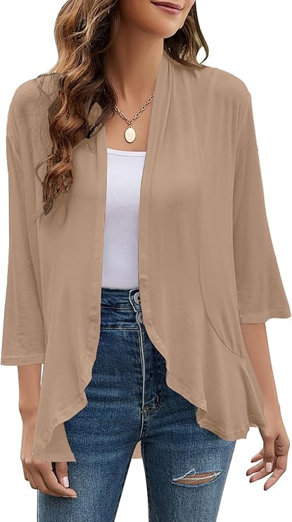 Women Cardigan 3/4 Sleeves Open Front Lightweight Cardigan Draped Ruffles Knit Cardigan | Amazon (US)