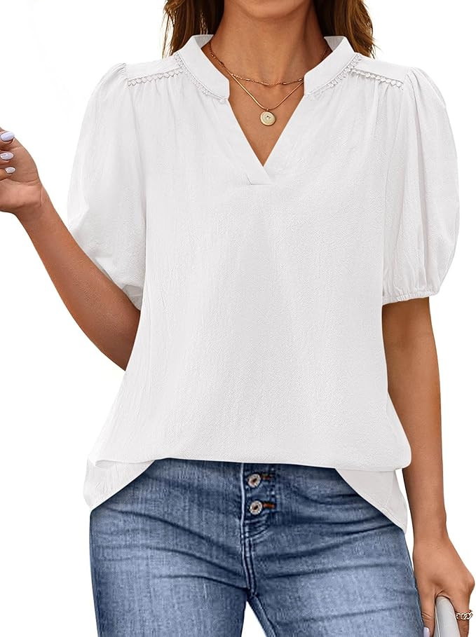 PRETTYGARDEN Womens Casual Summer Tops 2025 V Neck Short Puff Sleeve Pleated Cotton T Shirts Loos... | Amazon (US)