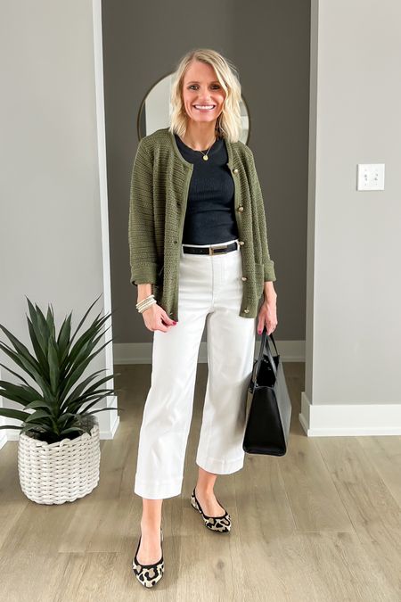 Spanx White cropped pants styled with a olive green lady cardigan. 
Cardigan- small
Pants- xs/petite (code: THRIFTYWIFEXSPANX for 10% off)
Top- small 
Shoes- 7.5

#LTKSeasonal #LTKstyletip #LTKworkwear
