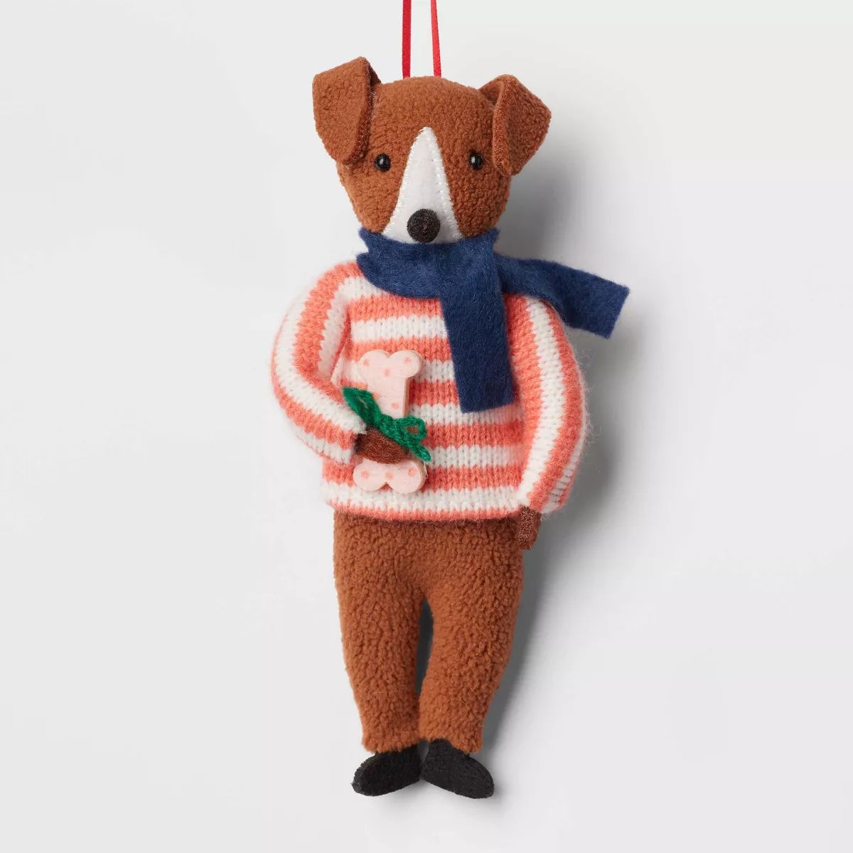 Fabric Dog Wearing Striped Sweater Holding Bone Christmas Tree Ornament Brown/Pink/White - Wonder... | Target
