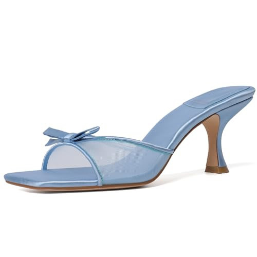 Mostrin Blue Mesh Kitten Heels for Women Open Square Toe Mule Heeled Sandals With Bow Slip On Backless Dress Shoes for Wedding Party Holiday Size 9.5 | Amazon (US)