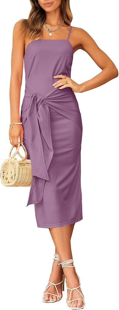 BTFBM Women's Summer Spaghetti Strap Cocktail Dress Sleeveless Tie Waist Bodycon Split Party Club... | Amazon (US)