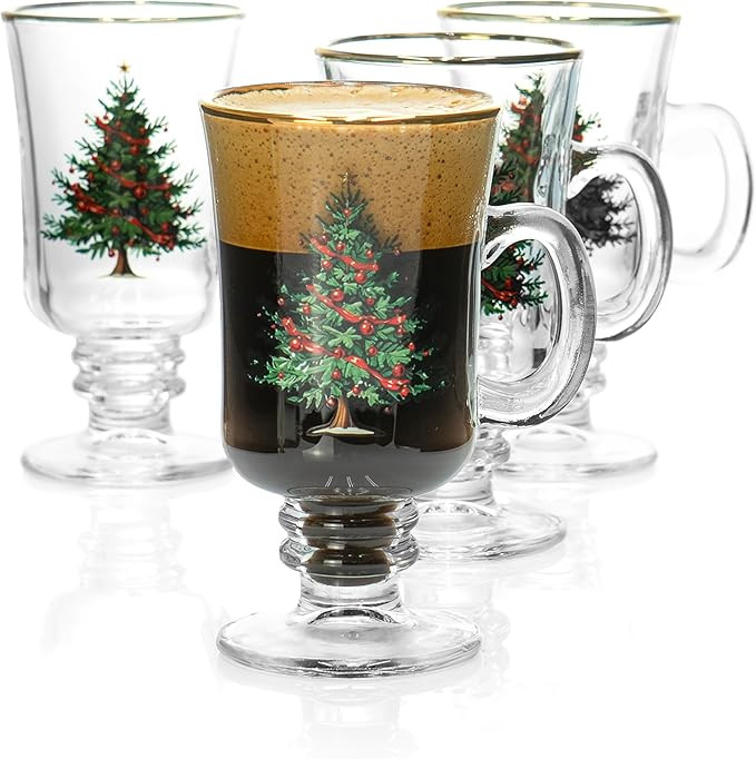 Red Co. Set of 4 Clear Glass 8 Fl Oz Christmas Tree Drinking Tumblers with Gold Rim – Irish Cof... | Amazon (US)
