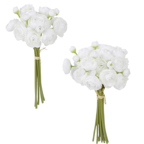 IPOPU Ranunculus Artificial Flowers 2 Bouquets Small White Flowers 12PCS Faux Ranunculus Flowers White for Vase Filler Bouquet Wedding Decor Bridal Shower Floral Filler Flowers Centerpieces (White) | Amazon (US)