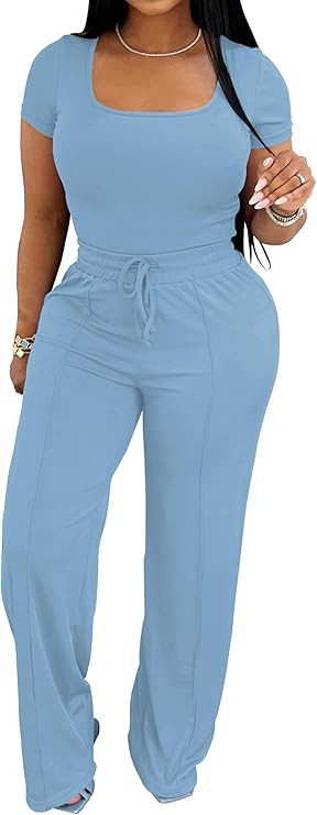 PINSV Women's 2 Piece Outfits Lounge Short Sleeve Tops High Waisted Wide Leg Pants Tracksuit Sets | Amazon (US)