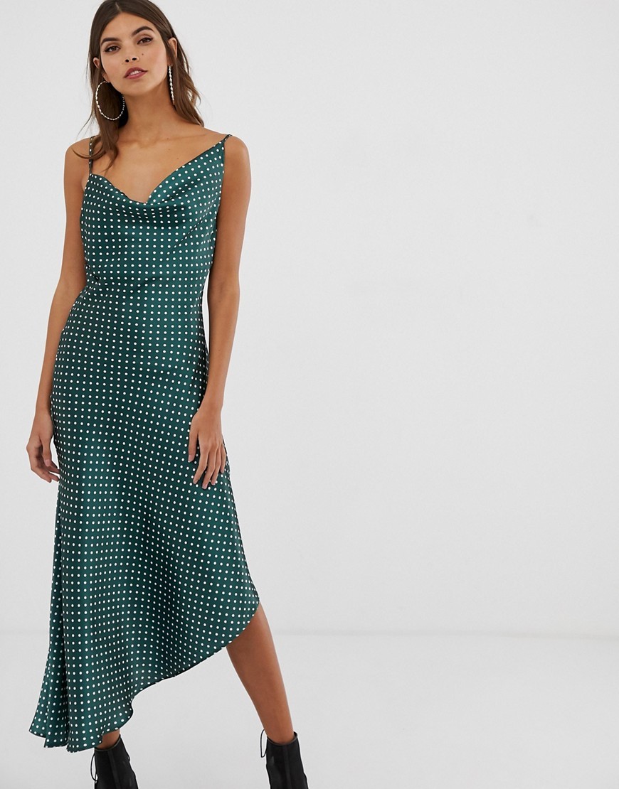 ASOS DESIGN midi slip dress in high shine satin in polka dot - Green | ASOS US