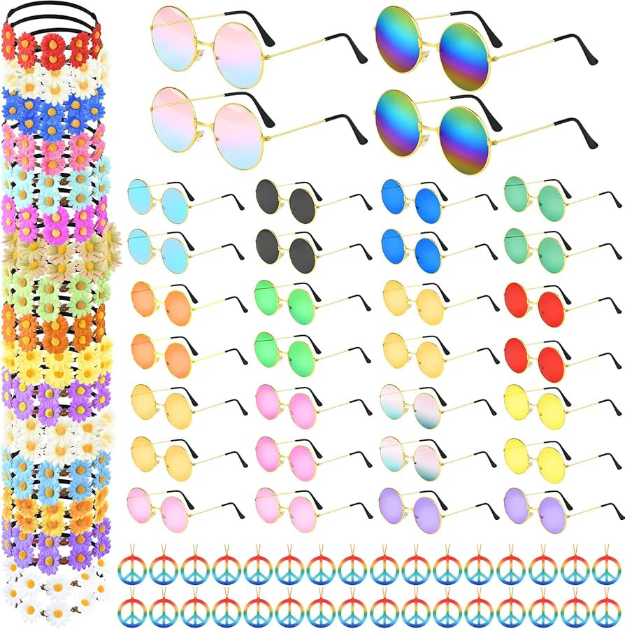 CHRORINE 96 Pcs Hippie Costume Accessory Set for Women Men Includes Hippie Headband Sunglasses Pa... | Amazon (US)