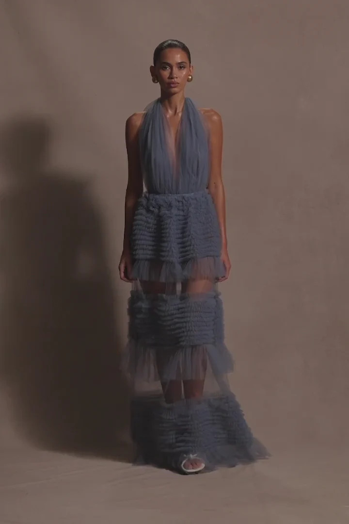 Mesh Ruffle Halter Maxi Dress - Dusty Blue | MESHKI US