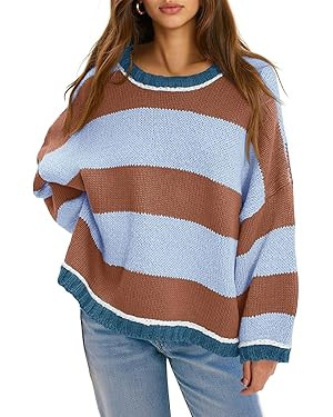 Fisoew Womens Oversized Sweaters Casual Long Sleeve Striped Color Block Crewneck Knitted Loose Fa... | Amazon (US)