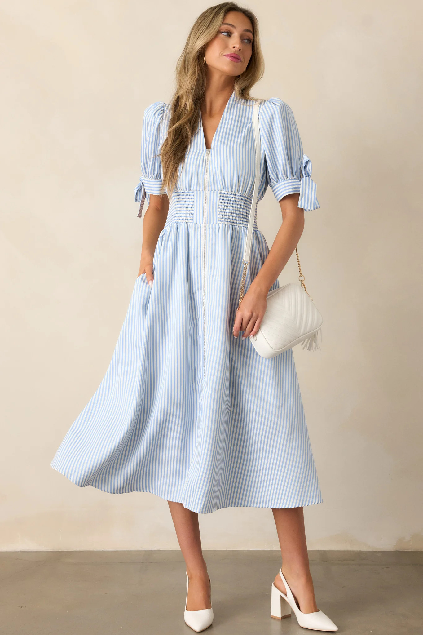 Afternoon Tea Sky Blue Stripe Zip Front Midi Dress | Red Dress