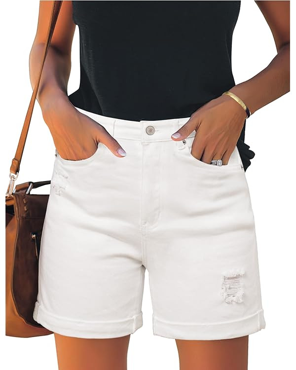 luvamia Women's Casual Ripped Denim Shorts High Rise Distressed Rolled Hem Jeans Shorts | Amazon (US)