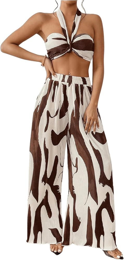OYOANGLE Women's 2 Piece Outfits Graphic Print Knitted Crop Halter Top and Wide Leg Pants Set | Amazon (US)