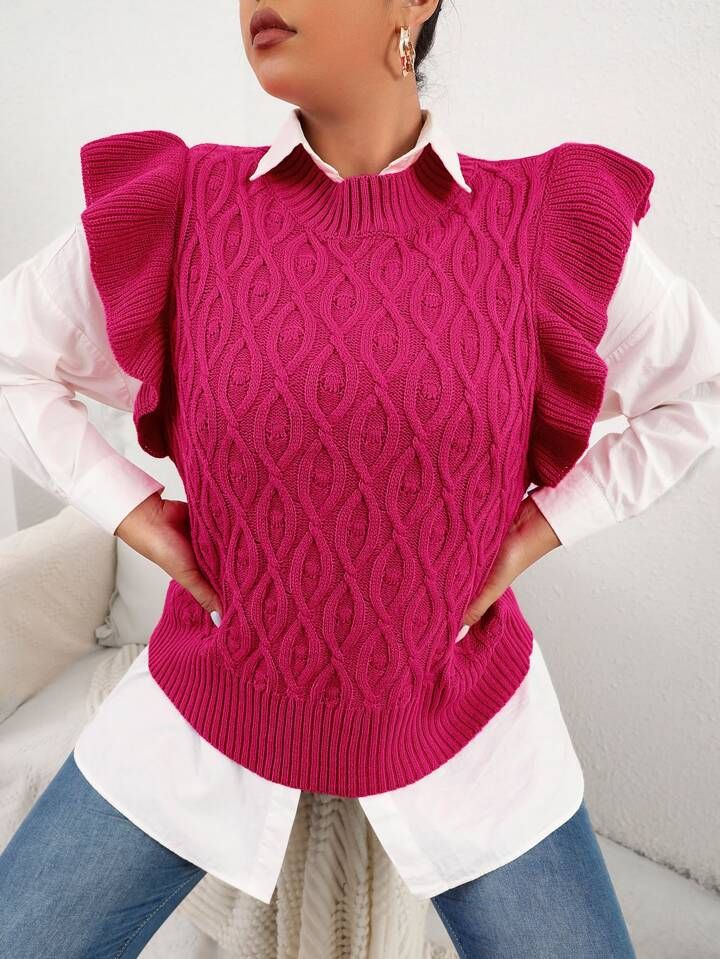 SHEIN Privé Plus 1pc Ruffle Trim Cable Knit Sweater Vest | SHEIN