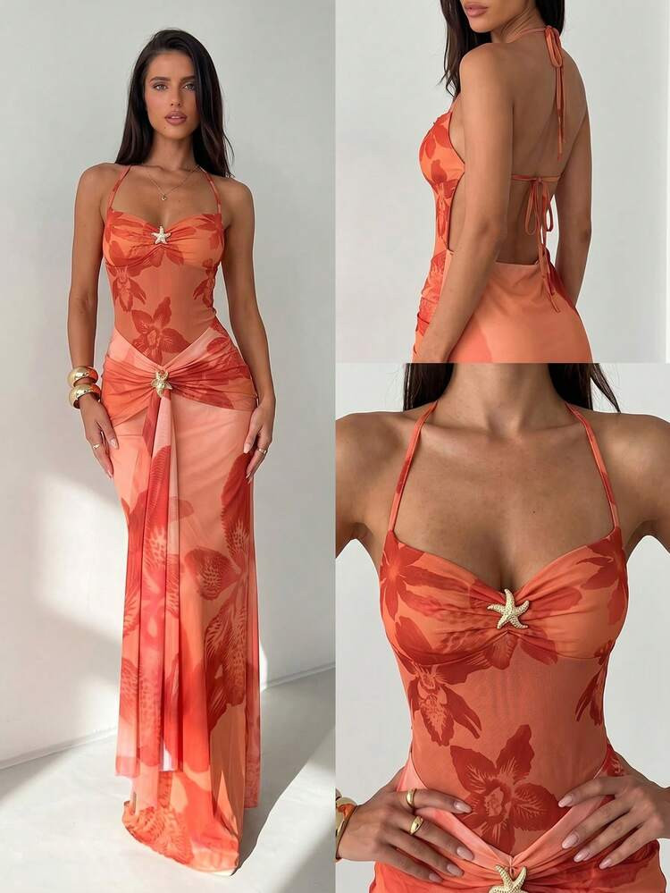 Aloruh Elegant Sexy Vacation Halter Backless Cinched Twist Metal Decor Orange Floral Mesh Print Maxi Dress, Vacation Maxi Dress,Summer Dresses For Women,Wedding Guest | SHEIN