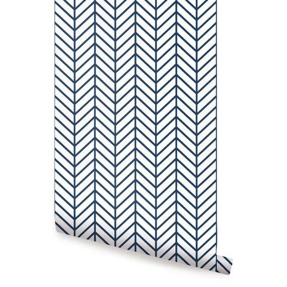 Herringbone Line Navy Peel & Stick Fabric Wallpaper Repositionable | Etsy (US)