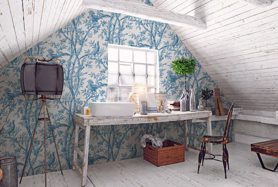 Oiseaux Chinoiserie // Blue Peel 'n Stick or PrePasted Wallpaper Removable • Vinyl-Free •  No... | Etsy (US)