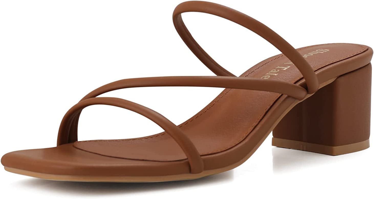 Shoe'N Tale Strappy Heels For Women Low Chunky Block Heel Heeled Sandals Square Open Toe Slip On ... | Amazon (US)