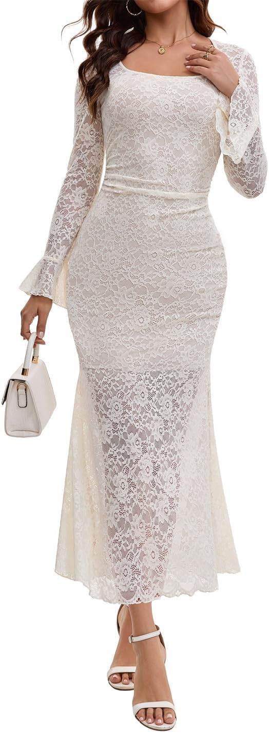 GERT COREL Elegant Women's 2025 Bell Long Sleeve Lace Maxi Dress Sexy Square Neck Fall Bodycon Me... | Amazon (US)