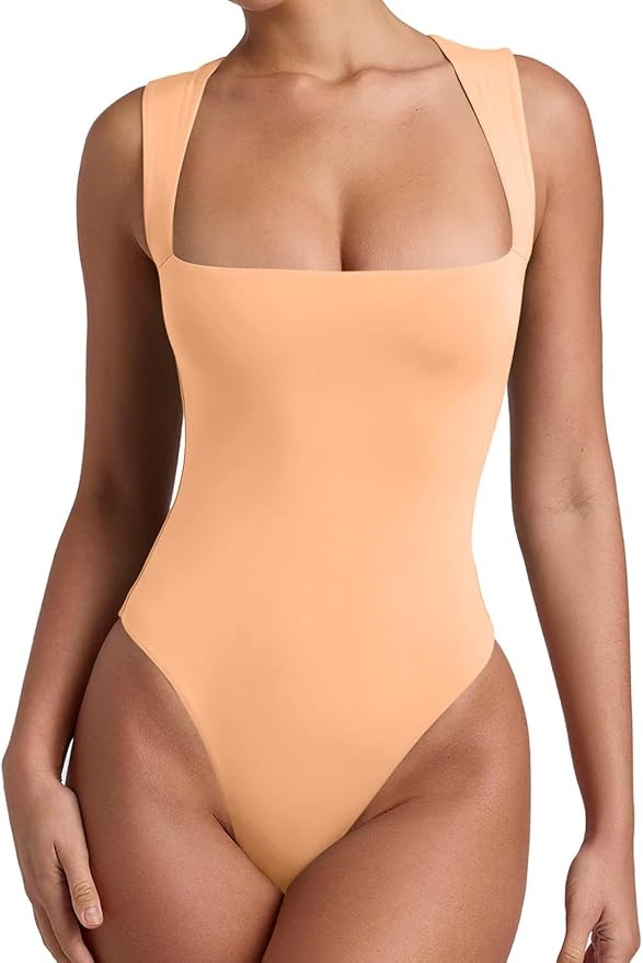 REORIA Women’s Sexy Sleeveless Square Neck Double Lined Bodysuit Tank Tops | Amazon (US)