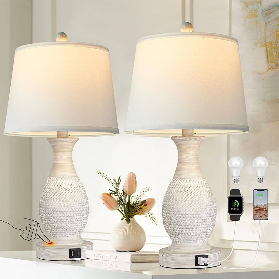 PARTPHONER Table Lamps Set of 2, Bedside Touch Lamp with USB C+A Charging Ports, Side Table Lamp ... | Amazon (US)
