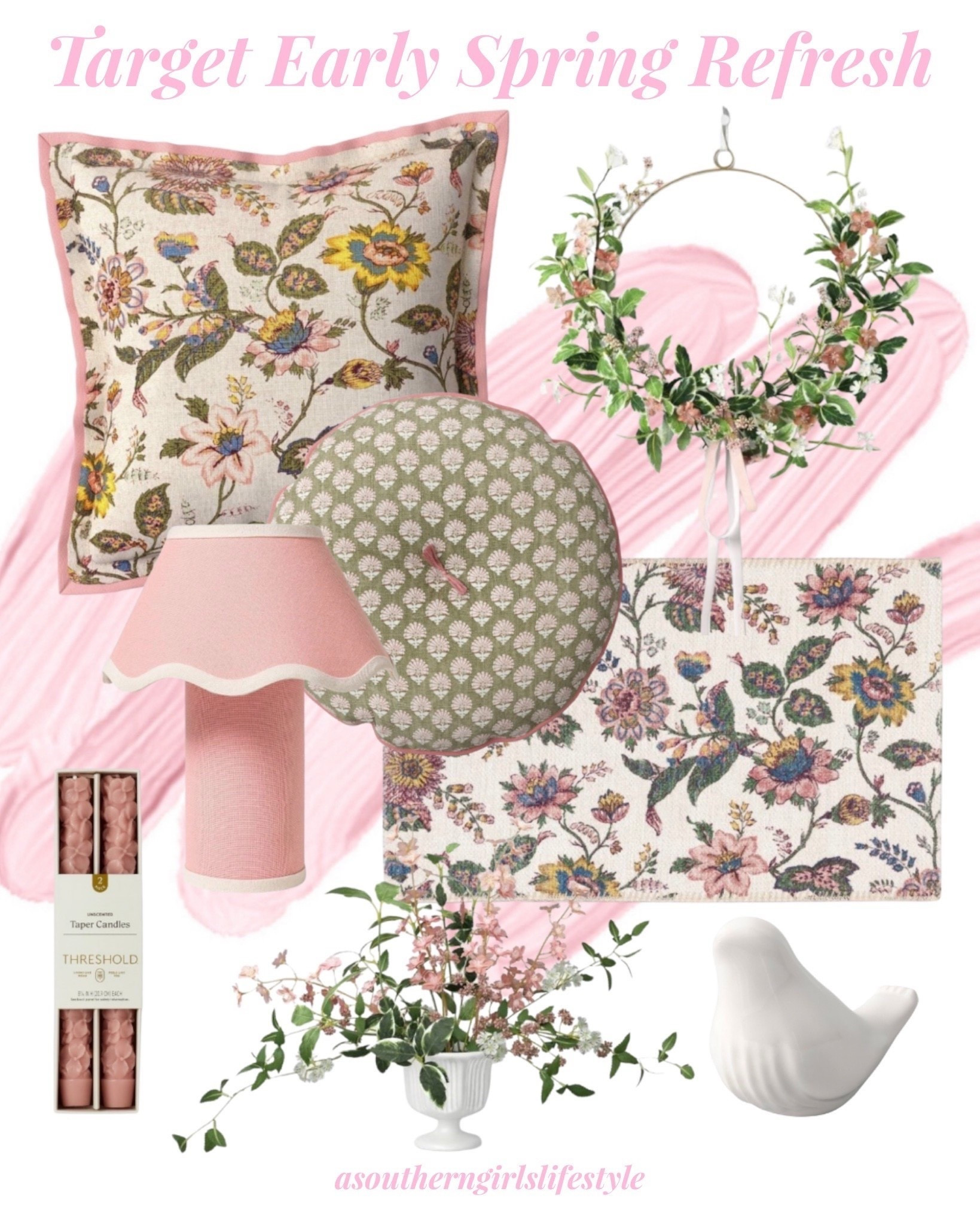Early Spring Home Refresh from Target - LOVE these Pink, Greens & Creamy Whites! 

Floral Pillow, Green/Pink Round Block Print Pillow, Spring Floral Asymmetrical Wreath, Pink Table Lamp with Fabric Base & Shade, Spring Floral Scatter Accent Rug, Pink 2pk Hydrangea Floral Shaped Taper Candle Set , Wild Delphinium Arrangement & Ceramic Bird

Home Decor. Spring Decor @Target 

#LTKSeasonal #LTKHome