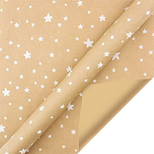 Christmas Wrapping Paper, Cute DIY Kraft Elegant Vintage Christmas Wrapping Paper with Xmas Pattern Design Brown Wrapping Papers for Party Holiday Festival Decoration Celebration (Star) | Amazon (US)