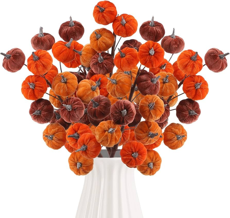 3 Pakc Fall Artificial Pumpkin Picks Orange Flocked Pumpkin Stems for Floral Arrangements Autumn ... | Amazon (US)