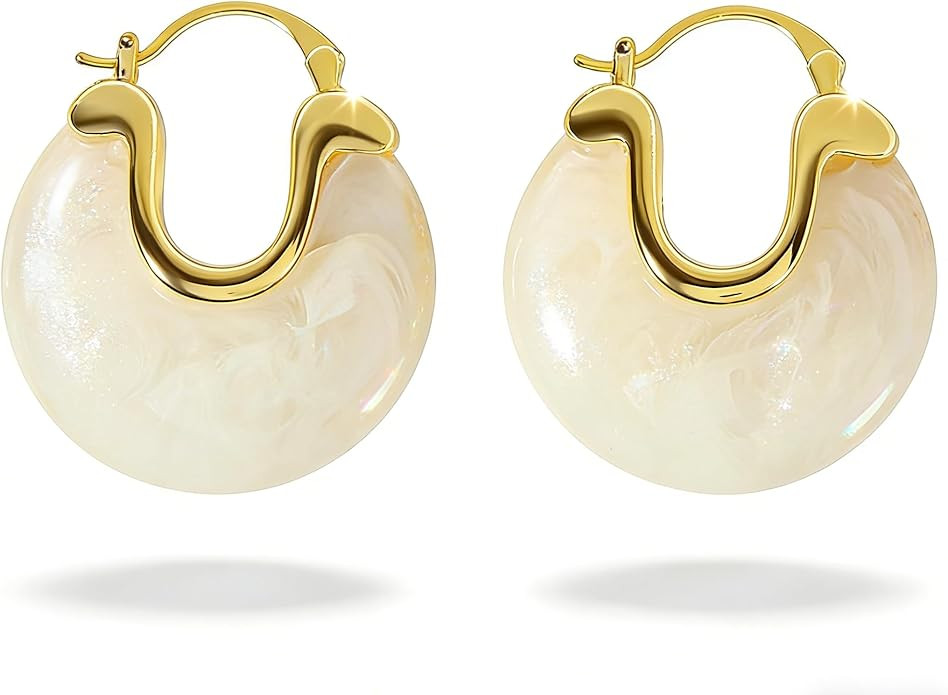 Cream White Chunky Lazy-Chic Hoop Earrings - Gold-Accented Resin Statement Hoops for Women, Trend... | Amazon (US)