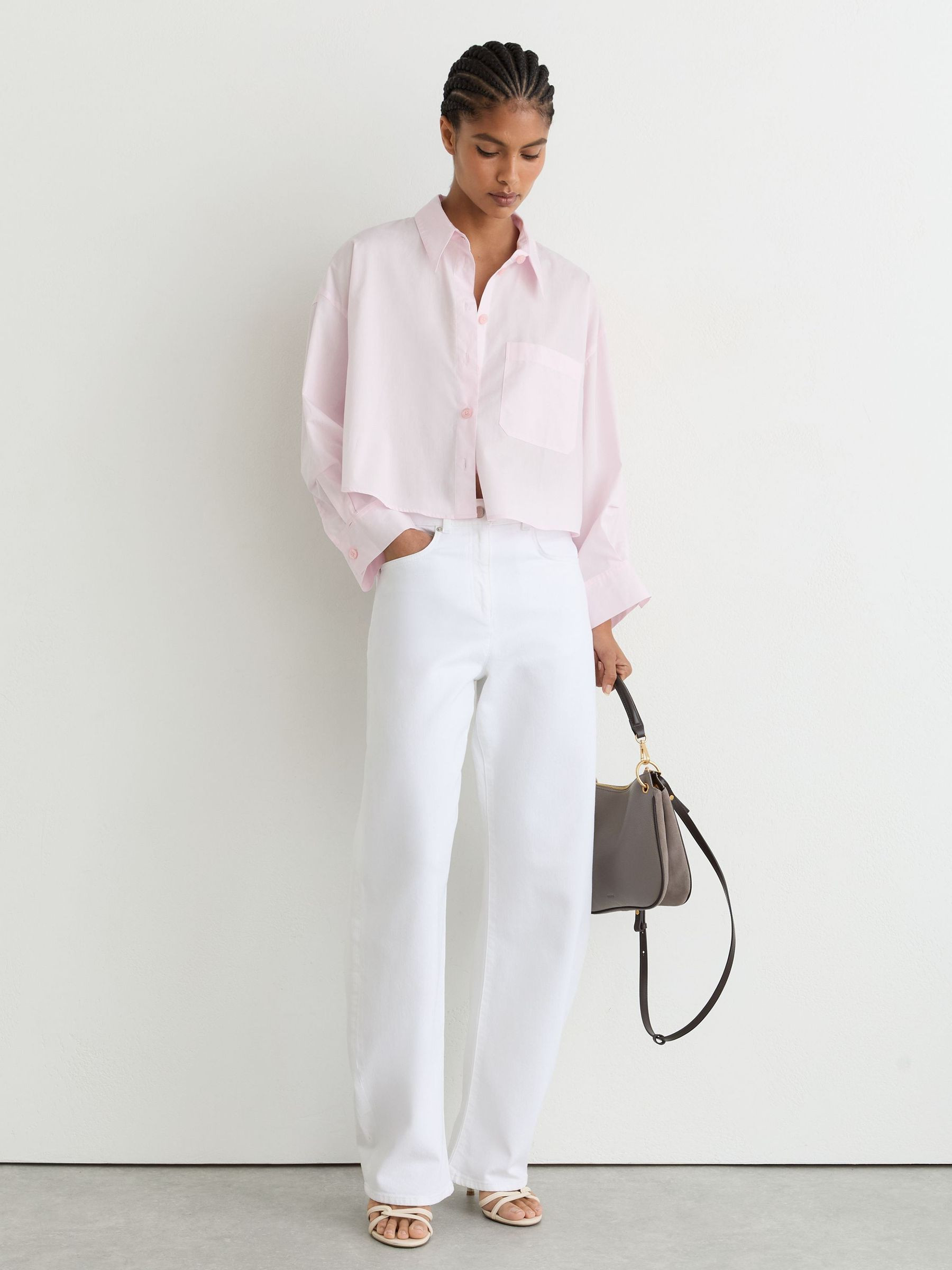 Reiss Cotton Cropped Long-Sleeve Shirt in Pink - REISS | Reiss UK