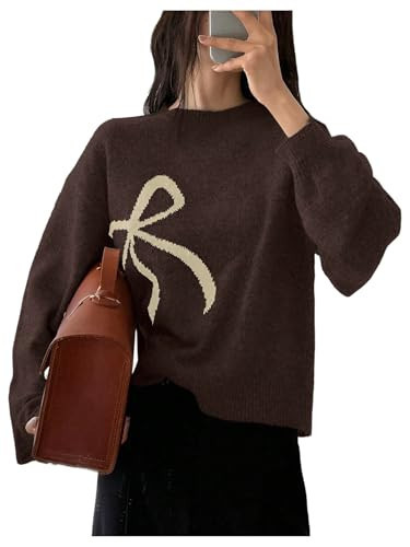 GORGLITTER Women's Bow Printed Sweater Tops Fall Casual Trendy Long Sleeve Crew Neck Winter Knit Christmas Sweaters Coffee Brown X-Small | Amazon (US)