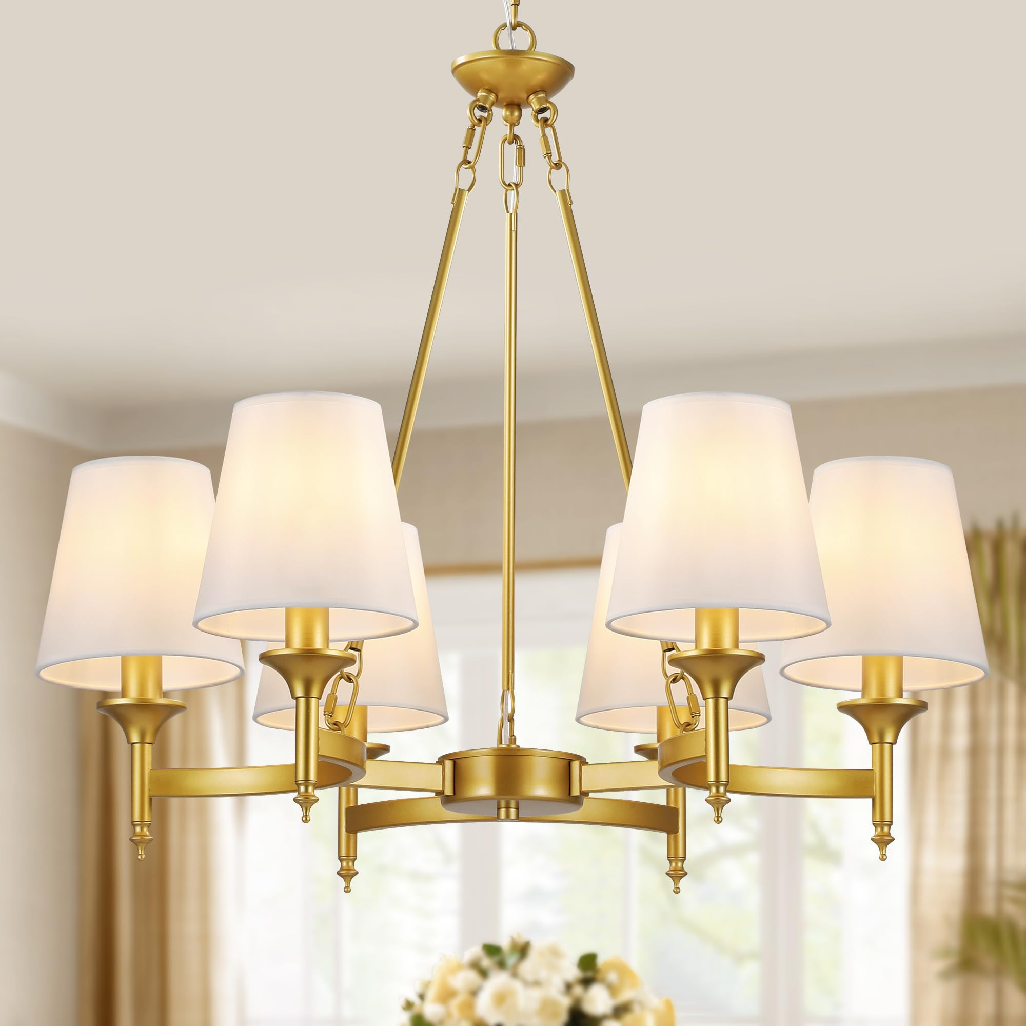 Gold Chandelier with White Shades, 6-Light Modern Farmhouse Chandeliers for Dining Room, Rustic R... | Amazon (US)