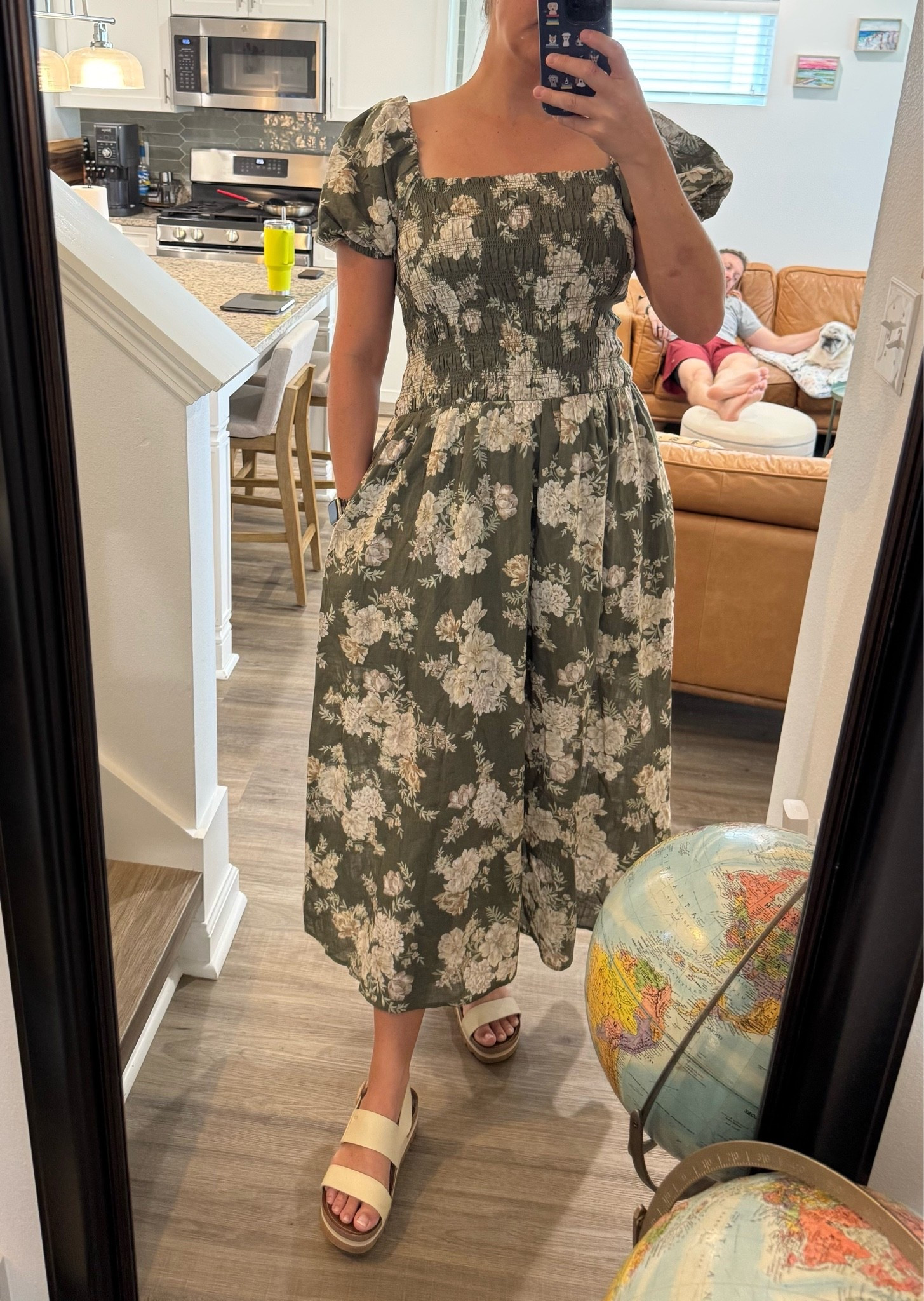 Green Floral Drop Waist Smocked Convention Dress