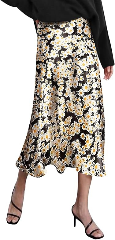 Zeagoo Womens Midi Skirt High Waisted Solid Satin Dress Zipper Elegant Work Skirts | Amazon (US)