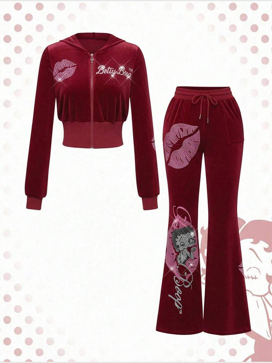 Betty Boop | ROMWE Y2K Velvet Sweatshirt & Pants Letter Graphic Rhinestone Embellished 2 Pieces S... | SHEIN