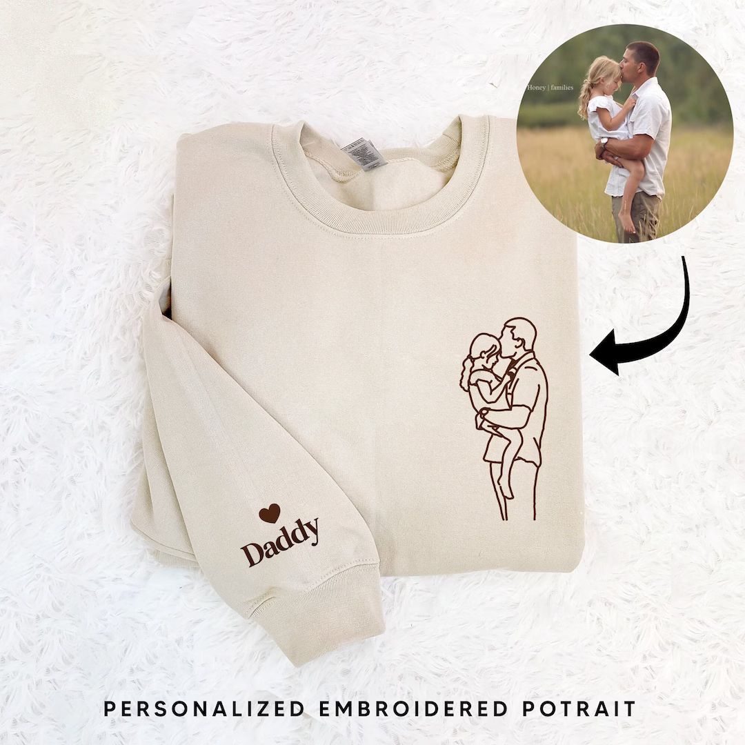 Personalized Portrait Embroidered Sweatshirt, Custom Family Dad Kids Photo Outline Drawing, Birth... | Etsy (US)