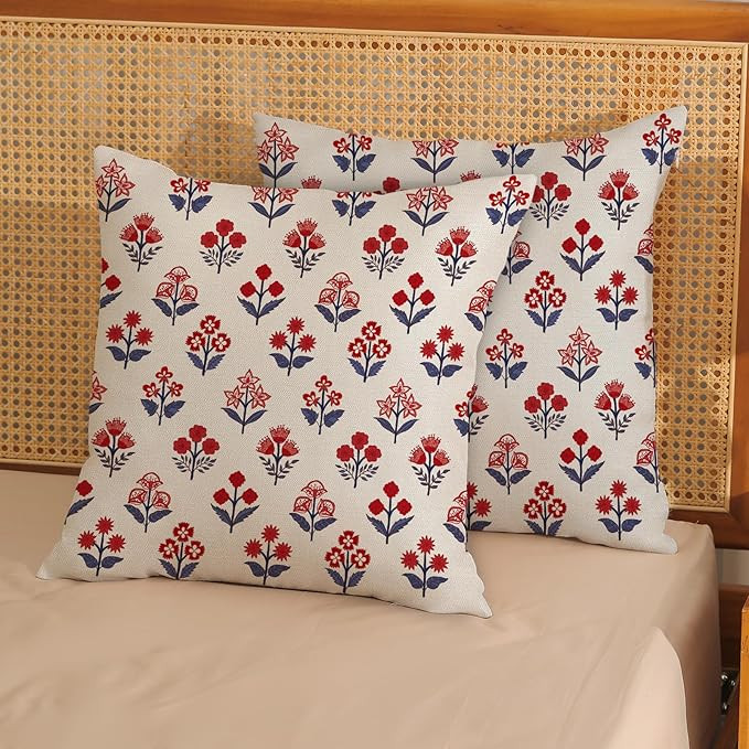 4th of July Pillow Covers 18x18 Inch 2 Pcs Red Blue Block Print Vintage Floral Patriotic Outdoor ... | Amazon (US)