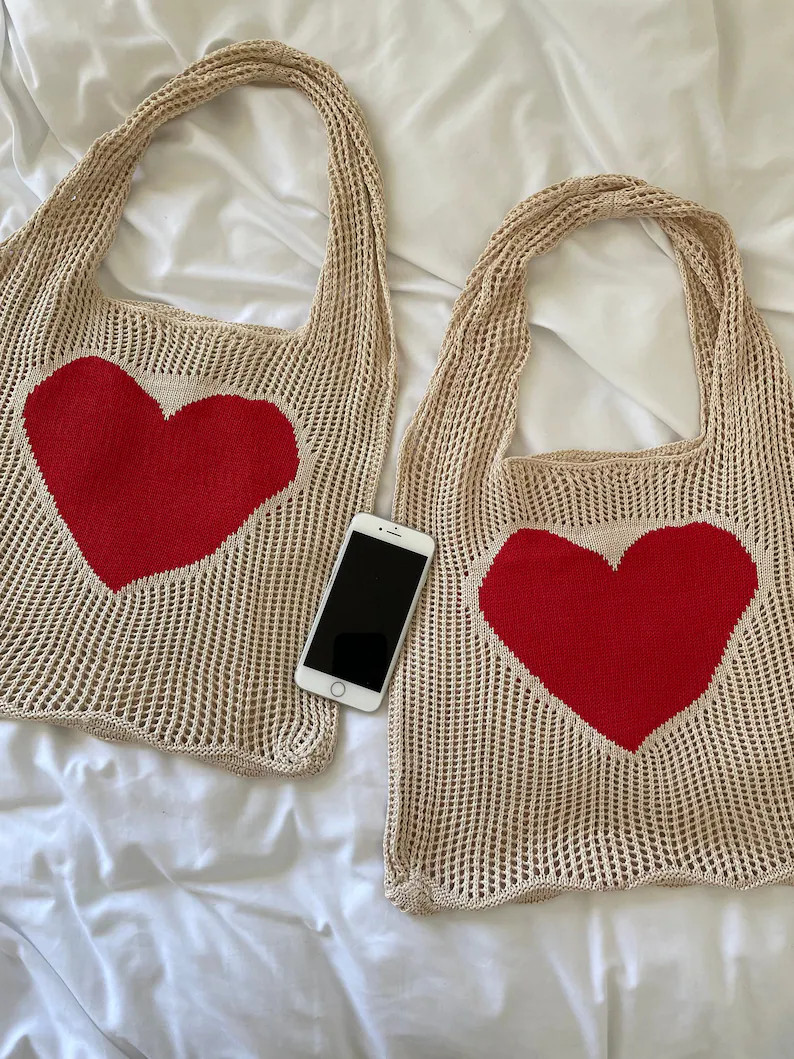 Heart Crochet Tote Bag Knitted Shoulder Bag Reusable for Women Beach Flowers Floral Cute Vintage ... | Etsy (US)