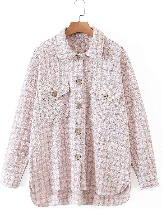 Uaneo Womens Tweed Plaid Button Down Long Sleeve Overshirt Jackets Shackets | Amazon (US)